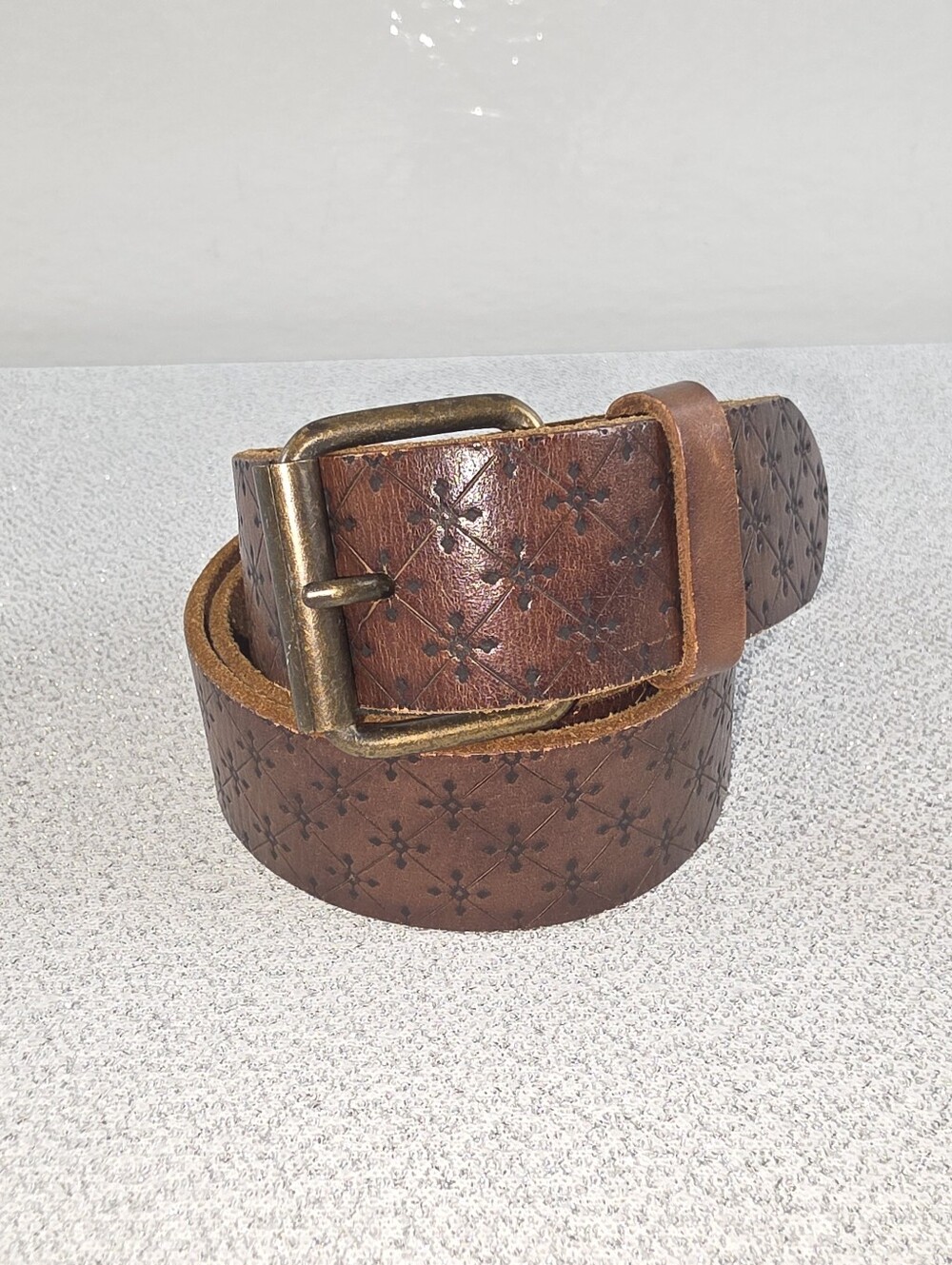 Lucky Brand Stamped Brown Leather Belt with Antique Brass Buckle Small